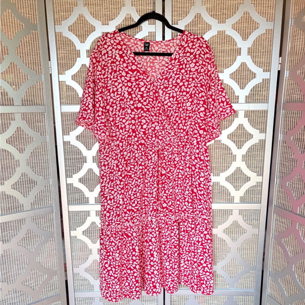 SHEIN Red and White Patterned Dress